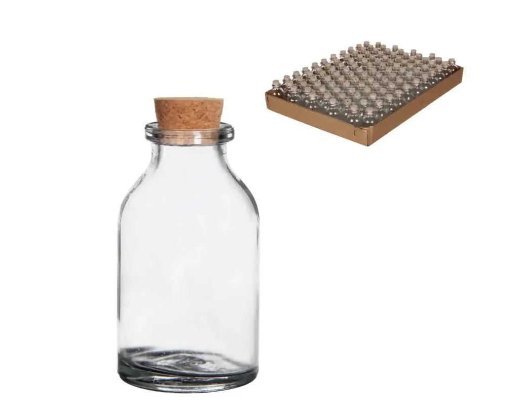 Miniflesjes met kurk 6x3 cm 20 ml tray ca. 105 stuks